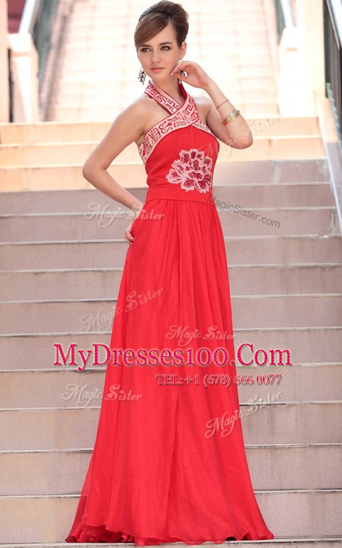 Fitting Halter Top Coral Red A-line Embroidery Formal Evening Gowns Side Zipper Chiffon Sleeveless Floor Length