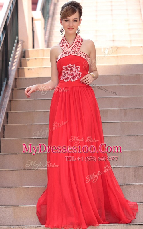 Fitting Halter Top Coral Red A-line Embroidery Formal Evening Gowns Side Zipper Chiffon Sleeveless Floor Length