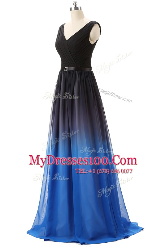 Luxurious Blue And Black V-neck Lace Up Beading Evening Dresses Brush Train Sleeveless