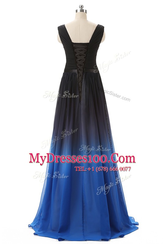 Luxurious Blue And Black V-neck Lace Up Beading Evening Dresses Brush Train Sleeveless