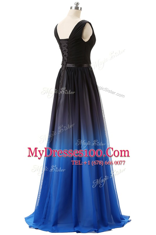 Luxurious Blue And Black V-neck Lace Up Beading Evening Dresses Brush Train Sleeveless