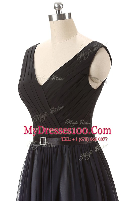 Luxurious Blue And Black V-neck Lace Up Beading Evening Dresses Brush Train Sleeveless