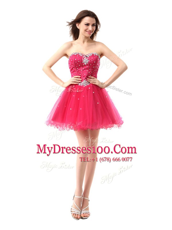 Enchanting Sleeveless Knee Length Beading Lace Up Prom Dresses with Coral Red