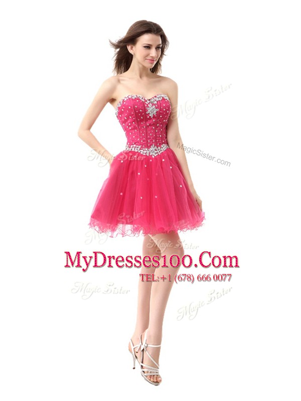Enchanting Sleeveless Knee Length Beading Lace Up Prom Dresses with Coral Red