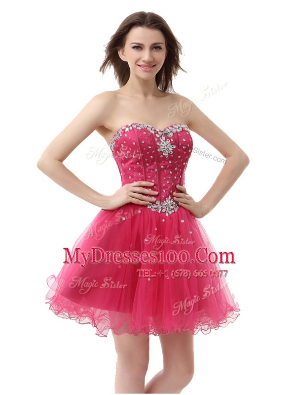 Enchanting Sleeveless Knee Length Beading Lace Up Prom Dresses with Coral Red