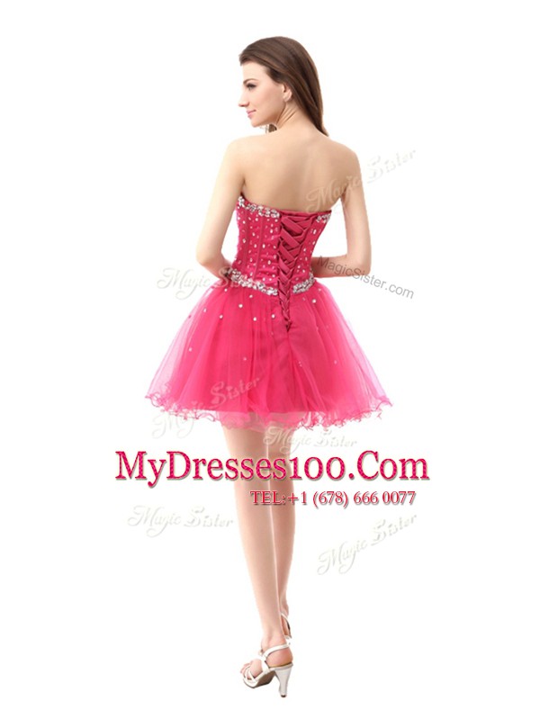 Enchanting Sleeveless Knee Length Beading Lace Up Prom Dresses with Coral Red