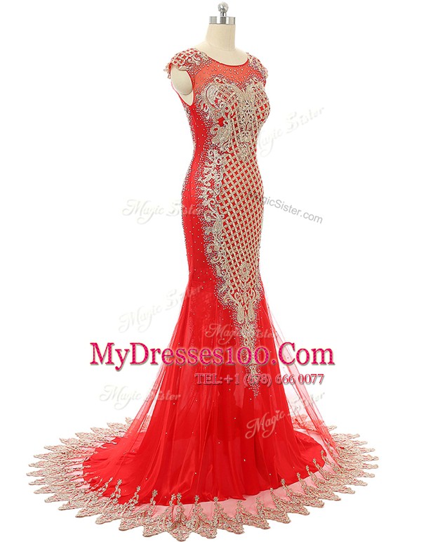 Red Scoop Zipper Beading and Lace Homecoming Dress Brush Train Sleeveless