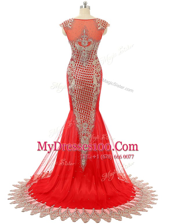 Red Scoop Zipper Beading and Lace Homecoming Dress Brush Train Sleeveless