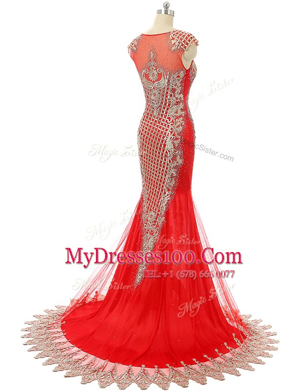 Red Scoop Zipper Beading and Lace Homecoming Dress Brush Train Sleeveless