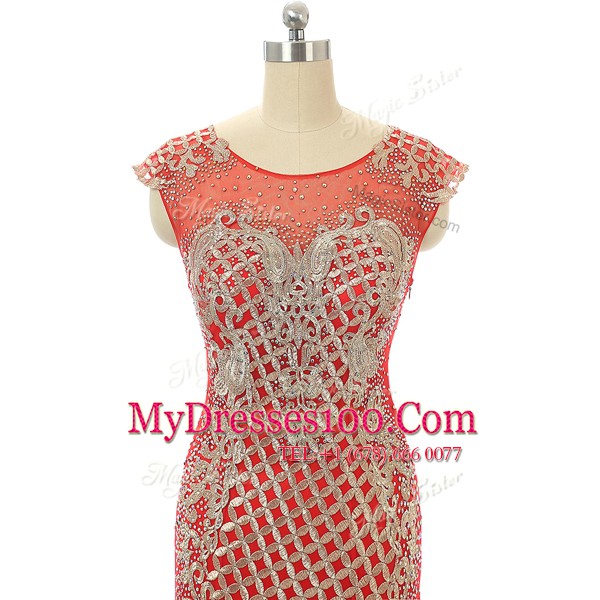 Red Scoop Zipper Beading and Lace Homecoming Dress Brush Train Sleeveless