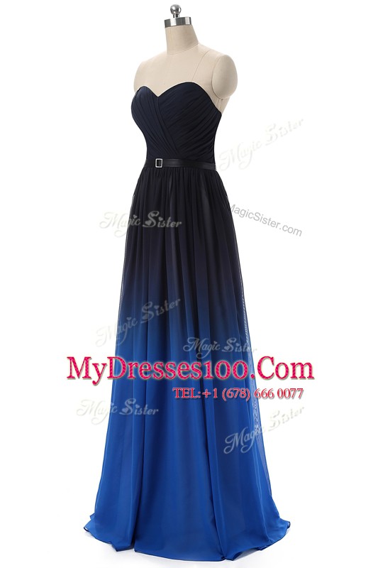 Decent Chiffon Sweetheart Sleeveless Lace Up Ruching and Belt Homecoming Party Dress in Blue And Black