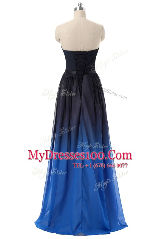 Decent Chiffon Sweetheart Sleeveless Lace Up Ruching and Belt Homecoming Party Dress in Blue And Black