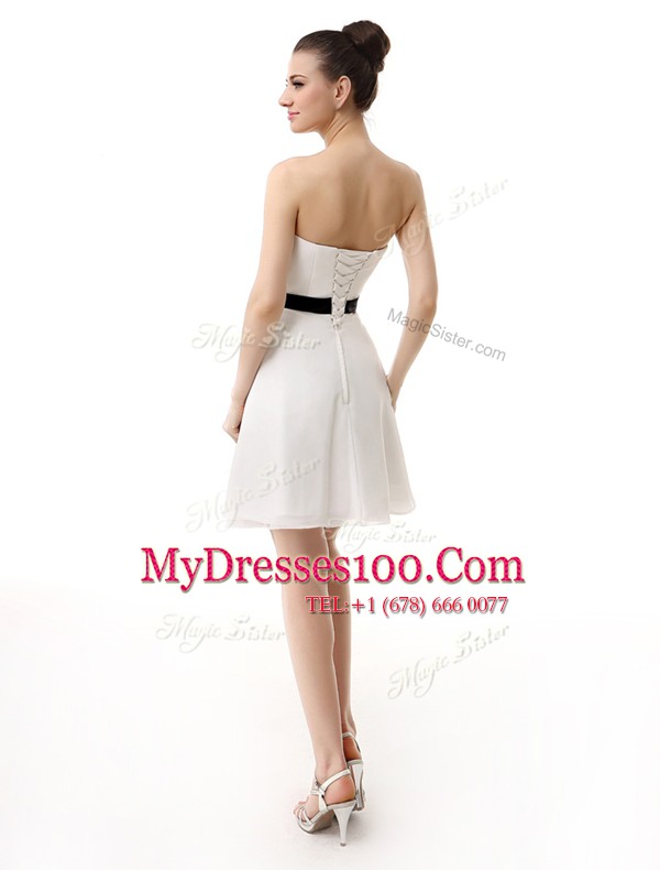 Pretty White A-line Sweetheart Sleeveless Chiffon Knee Length Lace Up Sashes ribbons Homecoming Dress