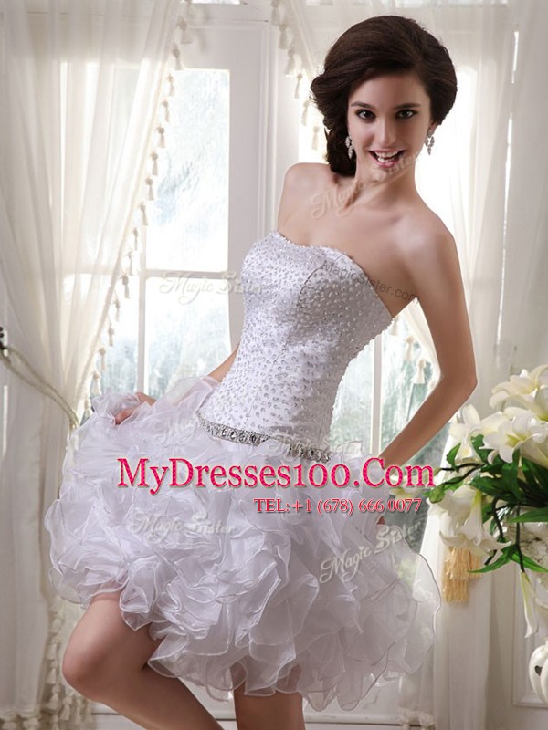 Organza Strapless Sleeveless Zipper Beading and Ruffles Cocktail Dresses in White