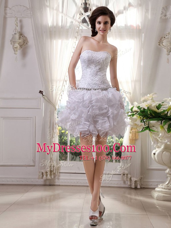 Organza Strapless Sleeveless Zipper Beading and Ruffles Cocktail Dresses in White