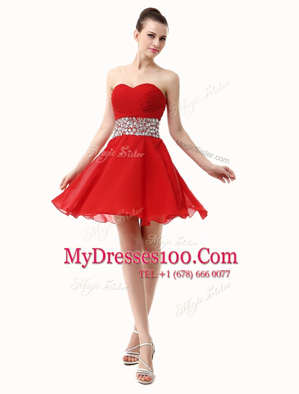 Red A-line Beading and Ruffles Cocktail Dress Lace Up Chiffon Sleeveless Mini Length