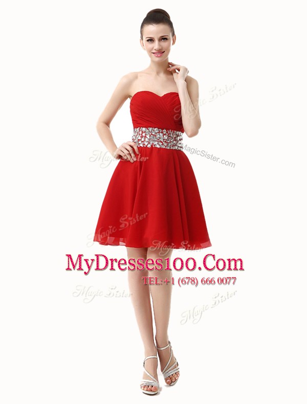 Red A-line Beading and Ruffles Cocktail Dress Lace Up Chiffon Sleeveless Mini Length