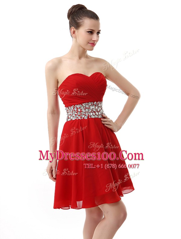 Red A-line Beading and Ruffles Cocktail Dress Lace Up Chiffon Sleeveless Mini Length