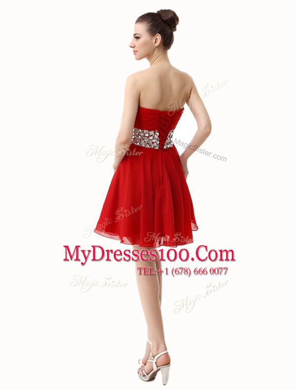 Red A-line Beading and Ruffles Cocktail Dress Lace Up Chiffon Sleeveless Mini Length