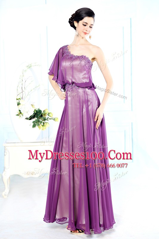 Exceptional One Shoulder Chiffon Half Sleeves Floor Length Mother Of The Bride Dress and Beading