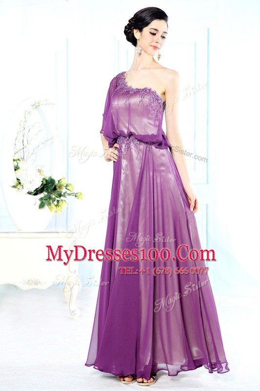 Exceptional One Shoulder Chiffon Half Sleeves Floor Length Mother Of The Bride Dress and Beading
