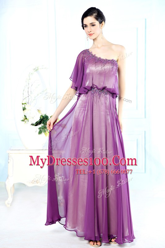 Exceptional One Shoulder Chiffon Half Sleeves Floor Length Mother Of The Bride Dress and Beading