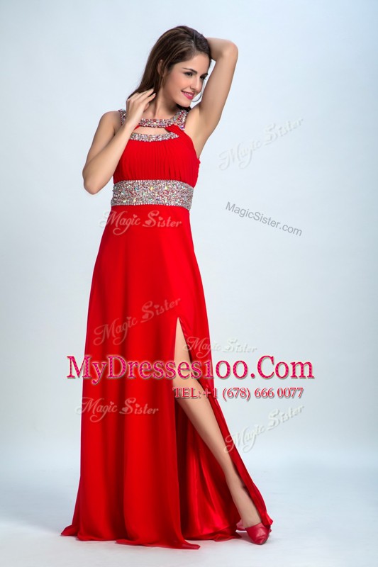Sophisticated Sleeveless Taffeta Floor Length Zipper Evening Dress in Red and Coral Red with Beading