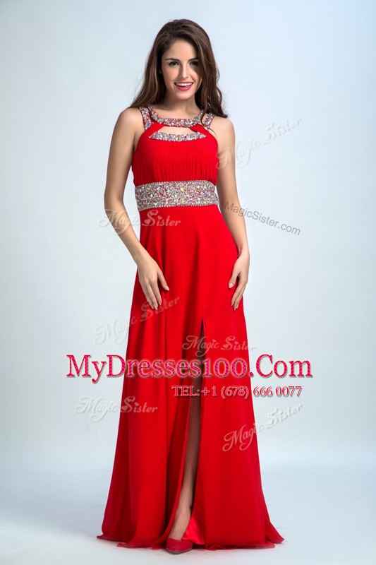 Sophisticated Sleeveless Taffeta Floor Length Zipper Evening Dress in Red and Coral Red with Beading
