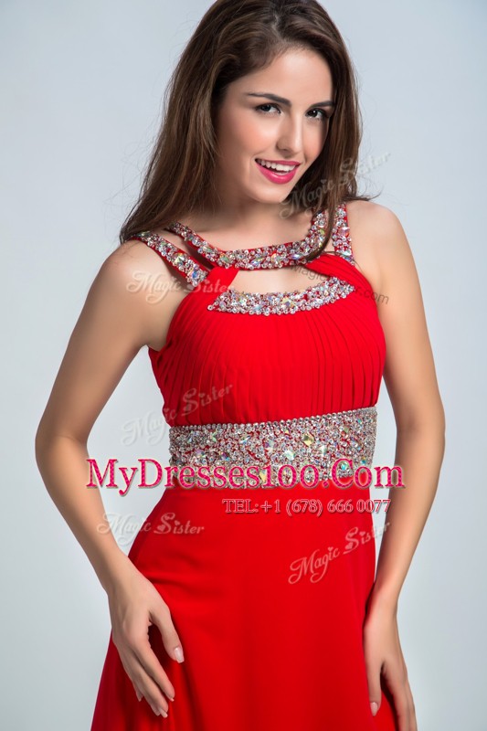 Sophisticated Sleeveless Taffeta Floor Length Zipper Evening Dress in Red and Coral Red with Beading