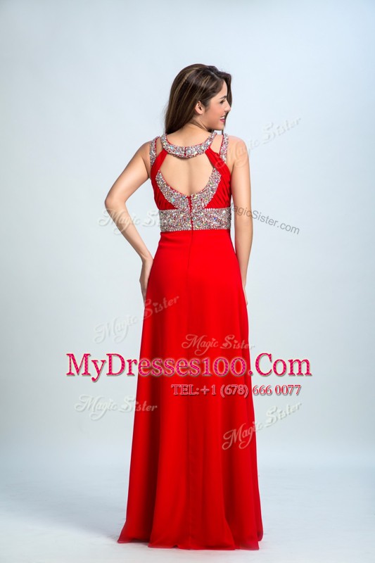 Sophisticated Sleeveless Taffeta Floor Length Zipper Evening Dress in Red and Coral Red with Beading
