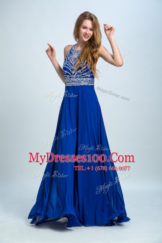 Most Popular Royal Blue Chiffon Criss Cross Scoop Sleeveless Floor Length Prom Party Dress Beading