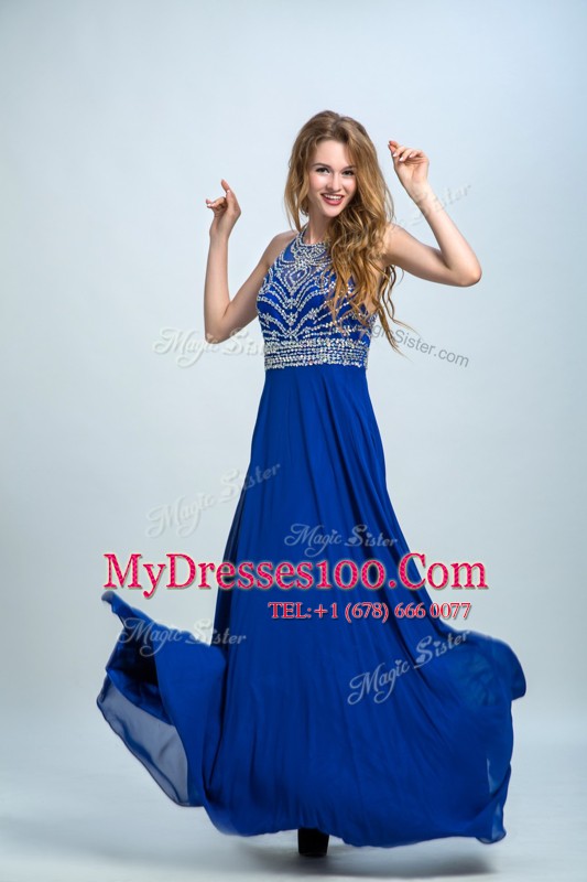 Most Popular Royal Blue Chiffon Criss Cross Scoop Sleeveless Floor Length Prom Party Dress Beading