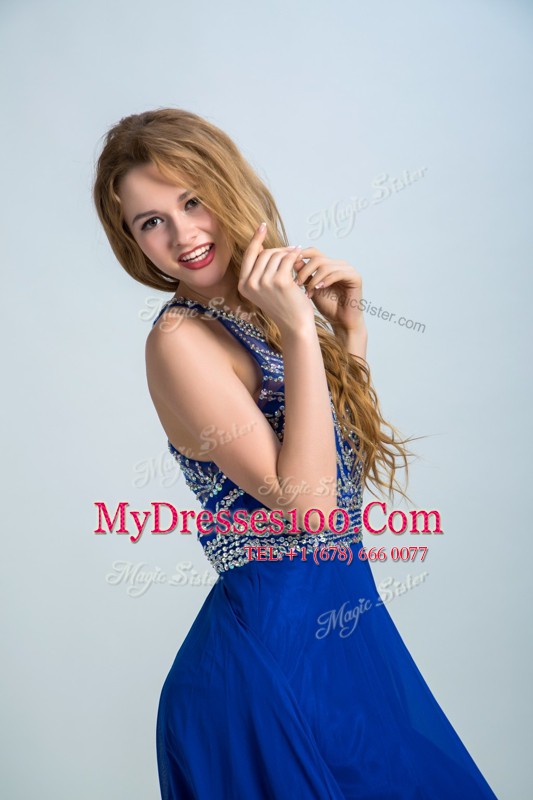 Most Popular Royal Blue Chiffon Criss Cross Scoop Sleeveless Floor Length Prom Party Dress Beading