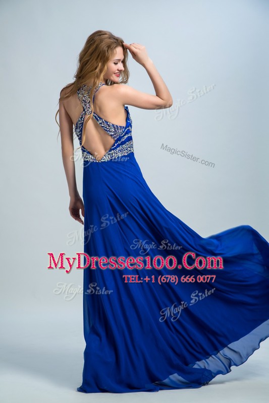 Most Popular Royal Blue Chiffon Criss Cross Scoop Sleeveless Floor Length Prom Party Dress Beading