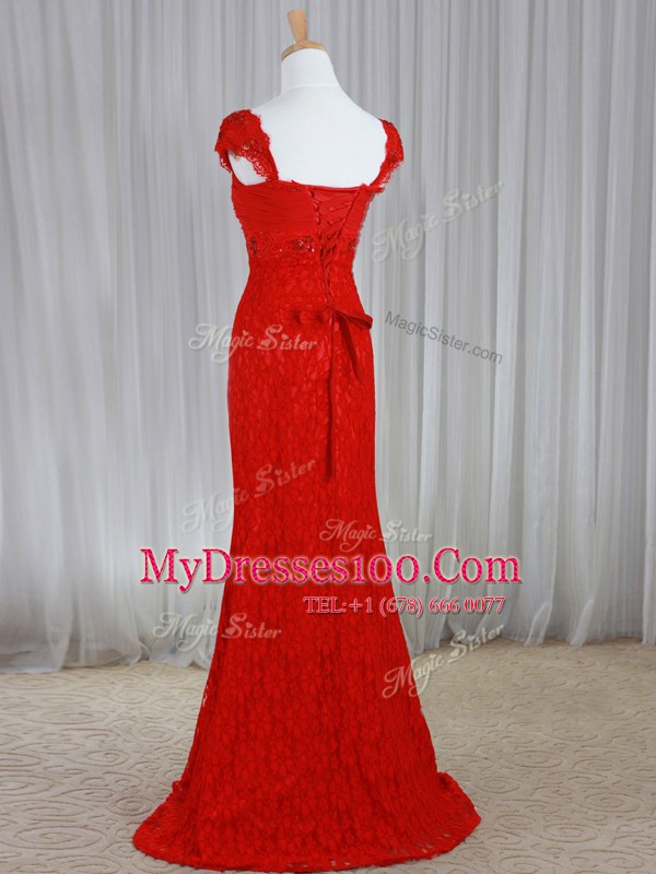 Beading and Lace and Sashes ribbons Prom Dresses Red Lace Up Cap Sleeves With Brush Train