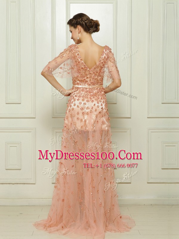With Train Column/Sheath Cap Sleeves Peach Womens Evening Dresses Brush Train Zipper