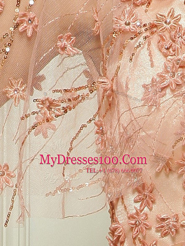 With Train Column/Sheath Cap Sleeves Peach Womens Evening Dresses Brush Train Zipper