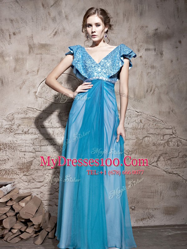 Cute Teal Cap Sleeves Tulle Zipper Prom Evening Gown for Prom and Party