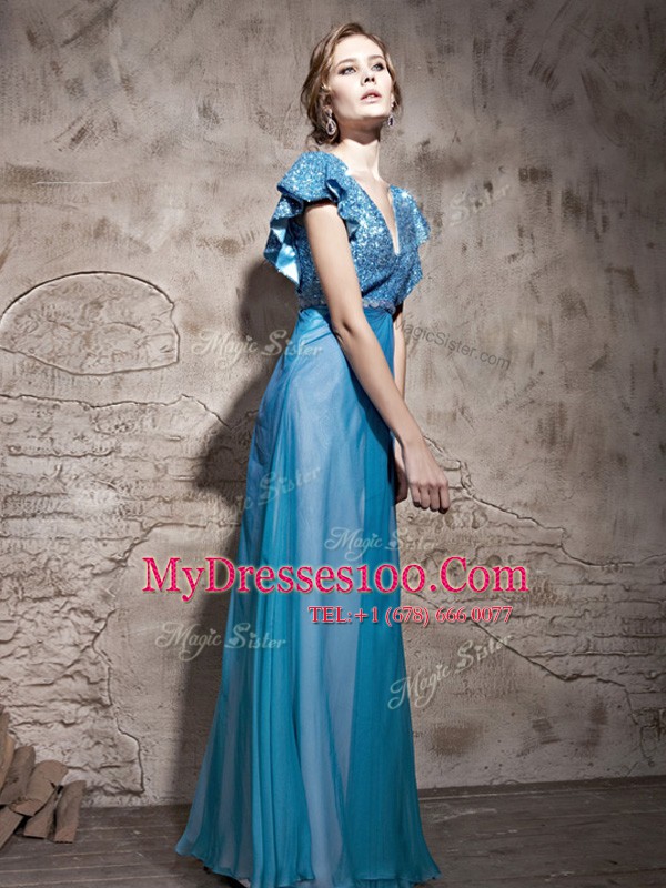 Cute Teal Cap Sleeves Tulle Zipper Prom Evening Gown for Prom and Party