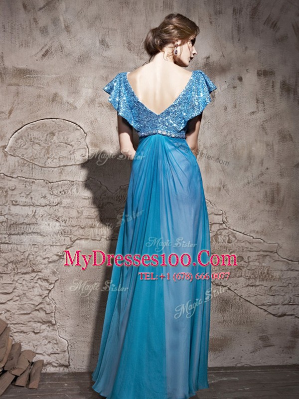 Cute Teal Cap Sleeves Tulle Zipper Prom Evening Gown for Prom and Party