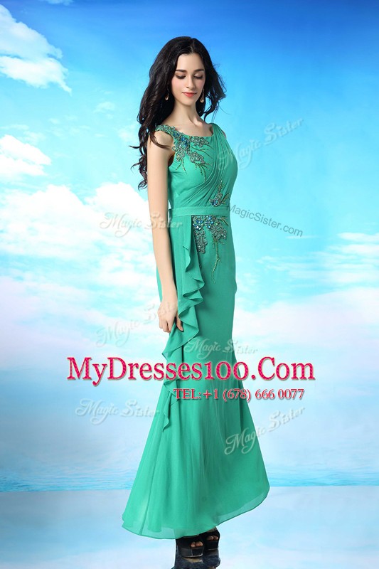 Sophisticated Floor Length Green Evening Dresses Organza Sleeveless Beading and Appliques