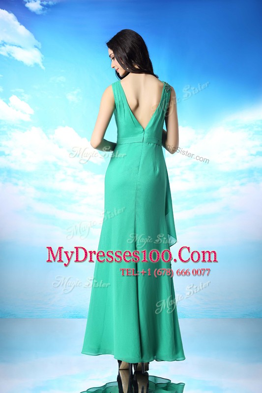Sophisticated Floor Length Green Evening Dresses Organza Sleeveless Beading and Appliques