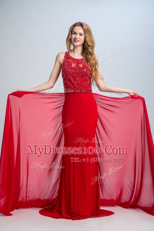 Chiffon Scoop Sleeveless Court Train Side Zipper Beading Prom Gown in Red