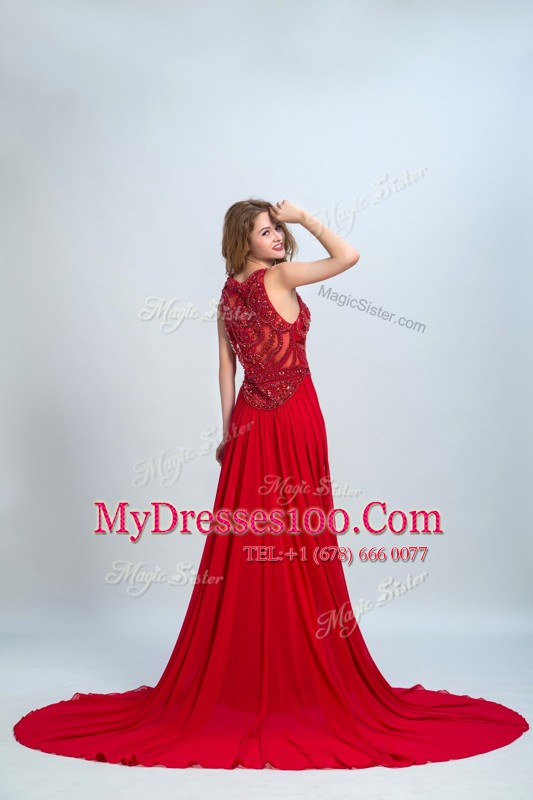 Chiffon Scoop Sleeveless Court Train Side Zipper Beading Prom Gown in Red