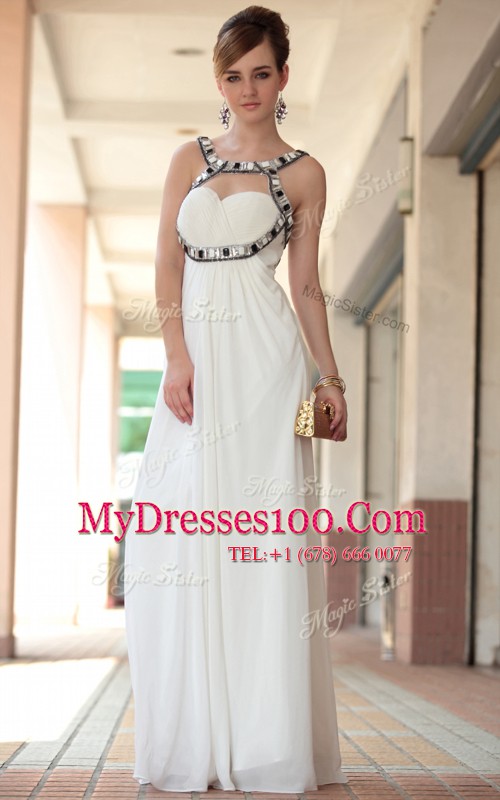 Discount Floor Length Empire Sleeveless White Dress for Prom Side Zipper