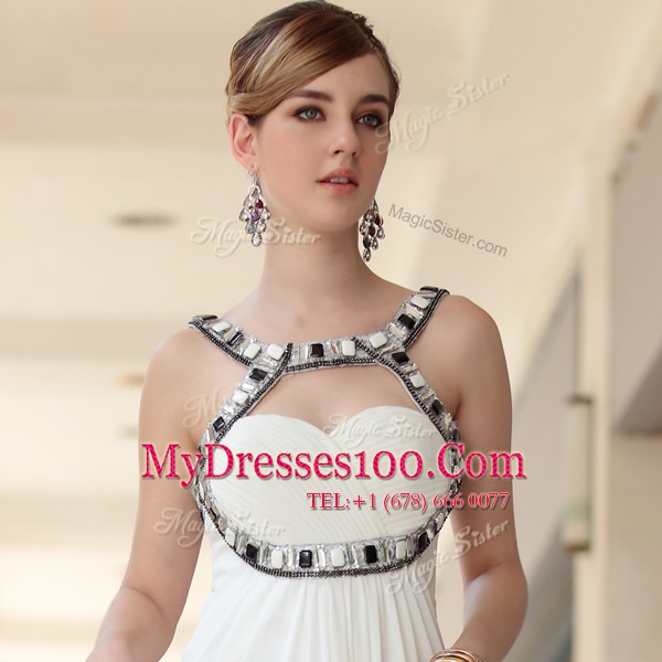 Discount Floor Length Empire Sleeveless White Dress for Prom Side Zipper