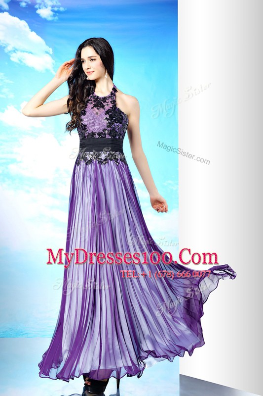 Nice Purple Zipper Halter Top Lace Dress for Prom Chiffon Sleeveless