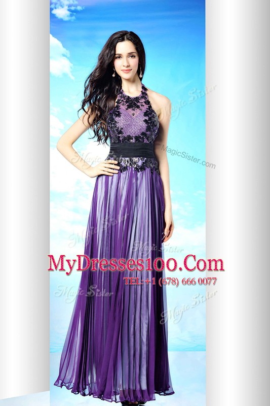 Nice Purple Zipper Halter Top Lace Dress for Prom Chiffon Sleeveless