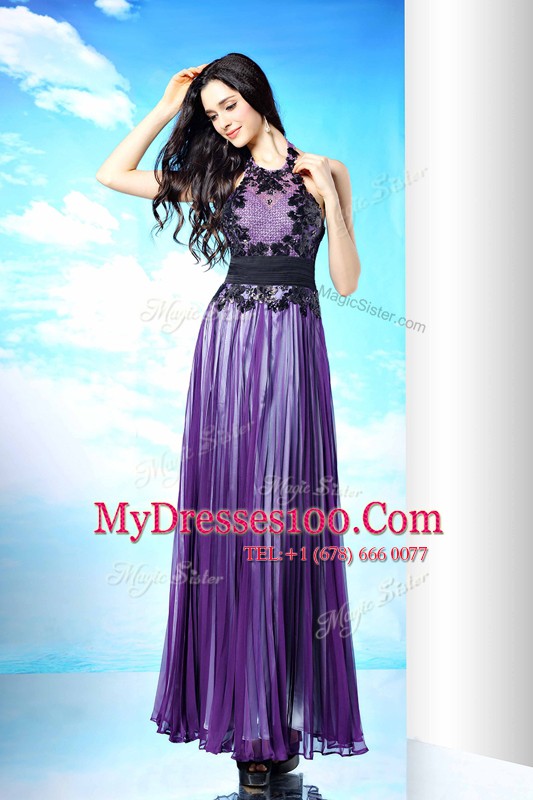 Nice Purple Zipper Halter Top Lace Dress for Prom Chiffon Sleeveless
