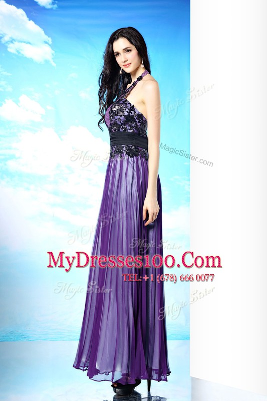 Nice Purple Zipper Halter Top Lace Dress for Prom Chiffon Sleeveless